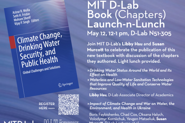Blue background with image of book cover, QR code to register, MIT D-Lab and Morningside Academy of Design logos. Flyer text reads MIT D-Lab Book (Chapters) Launch-n-Lunch. The other text is included in the registration link.