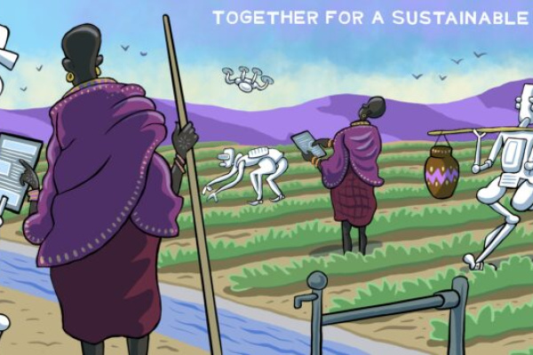 Animated graphic of crop with purple mountains in background, farmers in africa standing in field alongside robot workers, working together with farming tools and ipads
