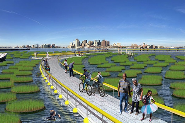 Concept rendering of Emerald Tutu, a wave mitigation system of floating wetland and walkways.