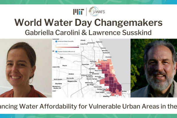 Headshots of Gabriella Y. Carolini and Lawrence Susskind with a map of Chicago water shut off areas in between