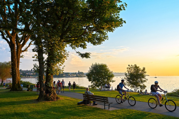 A group of people riding bicycles on a path near the lake.