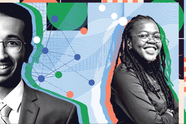 Two people posed with a multi-colored graphic background