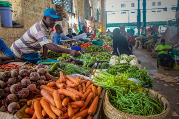 A man displaying harvested crops at an indoor market. 