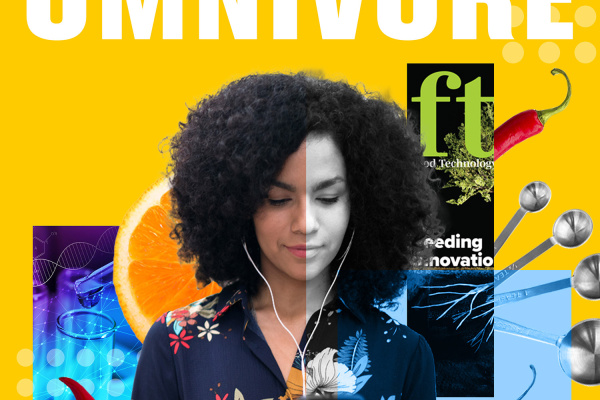 Yellow background with a woman looking down at her phone