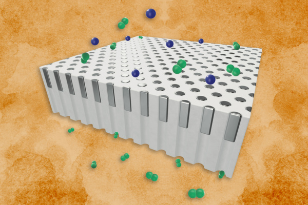 Schematic illustration of the membrane showing selective permeation of hydrogen (green) from a mixture of hydrogen and helium (blue) gases