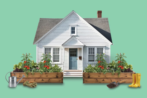Solid mint green background, cutout of house with garden