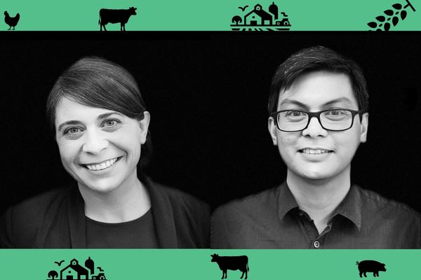 A graphic featuring headshots of Desiree Plata and Glen de Vera on a black background with a green border with silhouettes of cartoon farm animals