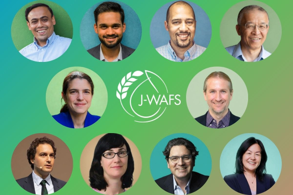 A graphic with J-WAFS blues and greens, the J-WAFS logo in the middle in white, and 10 circular photos of MIT faculty
