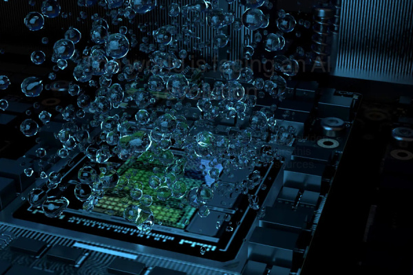 Bubbles float up from a submerged computer chip.