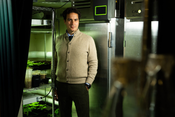 Marelli stands in a dimly lit room with green lighting in front of a shelf of plants and a refrigerator.