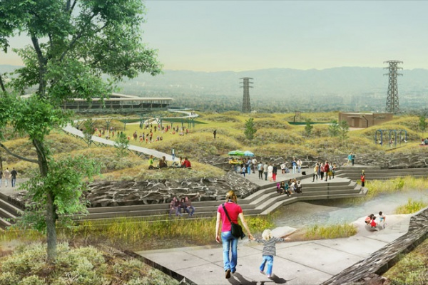 A rendering of Los Angeles depicts green space and wetlands