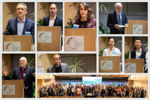 A collage of the 8 different event speakers speaking at a podium with a J-WAFS logo and one photo  of the full group of attendees