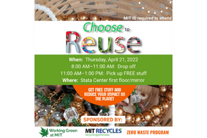 Choose to Reuse Graphic with date and time. MIT ID required to attend. Sponsors are listed as Working Green at MIT, MIT Recycles, and the MIT Recycle Program. A picture of old jewelry is in the background. 