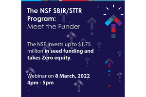 Graphic with text: The NSF SBIR/STTR Program: Meet the Funder; The NSF invests up to $1.75 million in seed funding and takes Zero equity; Webinar on 8 March, 2022 4 pm - 5 pm