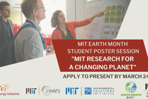 Woman showing a poster to men with Logos for J-WAFS, MITEI, ESI, MIT Climate Nucleus, and MIT Earth Month