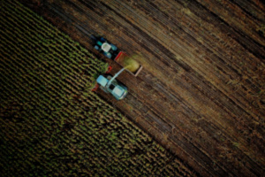 An aerial view of a farming tractor tilling the soil, creating contrasting patterns between the dark earth and the green crop rows.