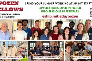 Promotional poster for the Pozen Fellows 10-week paid summer internship at MIT, featuring happy groups of interns in work and dining settings, with application details and a QR code.