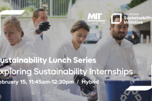 The image promotes an MIT Sloan event on sustainability internships, set for February 14, featuring individuals in lab attire.
