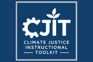 Logo of the Climate Justice Instructional Toolkit (CJIT). The logo features a dark blue square background with the acronym 'CJIT' in large, white, bold letters at the center. 