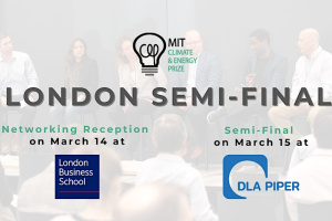 A promotional graphic for the London Semi-Final of the MIT Climate & Energy Prize, with events scheduled for March 14 and 15, featuring blurred background images of people, presumably from a past event