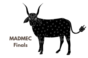 The image is a graphic of a black bull with white geometric patterns and circuitry designs on its body, a power plug at the tail's end, and the caption "MADMEC Finals" above it, indicating a technology-themed event.