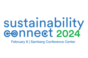 Sustainability Connect 2024" set for February 8 at the Samberg Conference Center, with the word 'connect' in green.