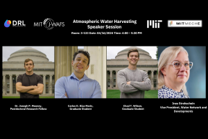 An event flyer for the "Atmospheric Water Harvesting Speaker Session" at MIT featuring four speakers