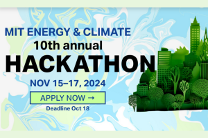 An event poster for the MIT Energy and Climate Hackathon, which is scheduled for November 15-17, 2024.