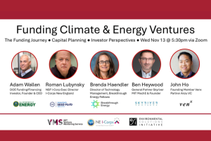 An event poster for, "Funding Climate, Energy & Sustainability Ventures," which is scheduled for November 13th at 5:30 p.m.