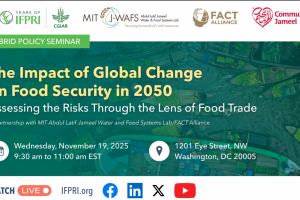 A green banner for the IFPRI and J-WAFS Webinar that reads: The Impact of Global Change on Food Security in 2050