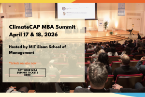 People sitting in a large lecture hall with text: ClimateCAP MBA Summit April 17 & 18, 2026, Hosted by MIT Sloan School of Management