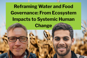 Text reads: Reframing Water and Food Governance: From Ecosystem Impacts to Systemic Human Change. Walji and Geheb heads in front of dry cornstalks background.