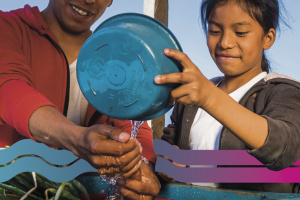 Poster of girl pouring water from a pot into her father's hands. Both are smiling and a faucet is visible.