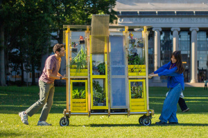 Two students pushing plant stand across MIT campus