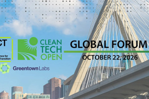 Global forum event title with date, logos of partnering orgs listed to the left, bridge and skyline in background