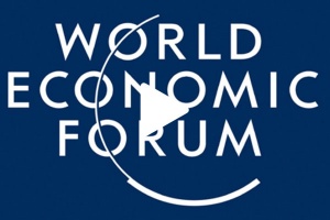 World Economic Forum logo on blue background with play button in image