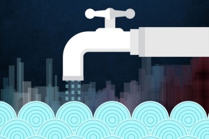 Stylized image of faucet pouring water into ocean