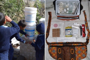 On left side of image are children getting clean water from filtered buckets and on the right side is a pouch with the components of the water testing kit