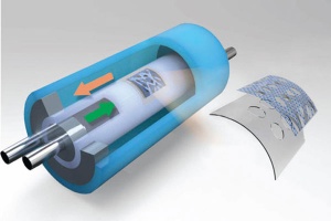 Cartoon rendering of nanoporous graphene with network of carbon nanotubes