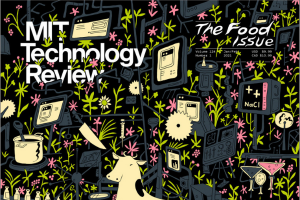 Cover of the January 2021 edition of the MIT Technology review. A black background with flowers, computers, and a cow. 