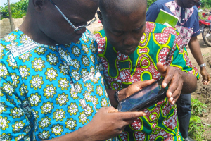 Two people looking at a tablet