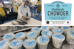 Haddock chowder logo, containers of chowder, person cutting up a fish