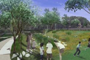 Image of Malden River Works project with greenway and people looking at a garden