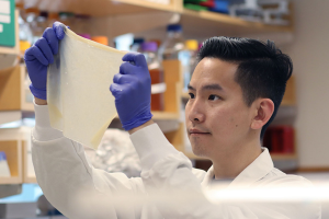 Zijay Tang examines Syn-SCOBY in the lab