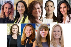 Top row, left to right: Polina Anikeeva, Natalie Artzi, Laurie Boyer, Tal Cohen, and Canan Dagdeviren. Bottom row, left to right: Ariel Furst, Kristin Knouse, Elly Nedivi, and Ellen Roche.