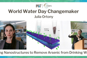 Headshot of Julia Ortony alongside a rendering of her nanofiber technology, and another photo of her speaking at a podium at a J-WAFS conference