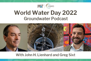 Banner with headshots for John Lienhard and Greg Sixt with a picture of a ground well in between. Text reads World Water Day 2022 Groundwater Podcast with the J-WAFS logo at the top