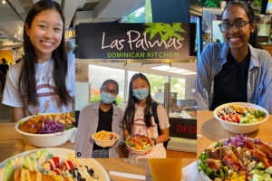 Two female MIT students eating Dominican food at Las Palmas Dominican Kitchen on campus