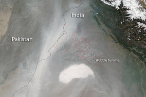 Aerial image showing air quality in India and Pakistan from stubble burning.