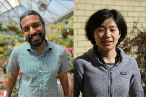 side by side photos of Gokul Sampath standing in a greenhouse of flowers and Jie Yun standing outside in front of a tan brick building